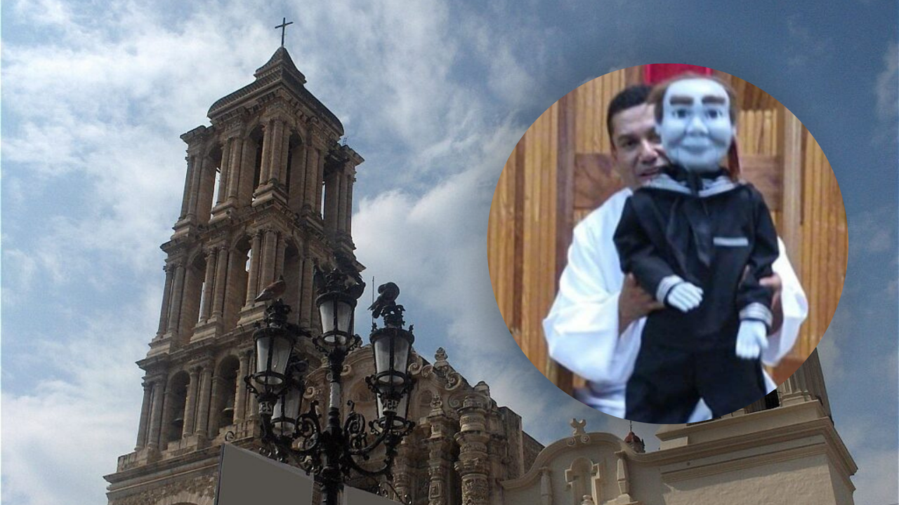 Iglesia de San Antonio de Padua e imagen del padre celebrando la misa con el diabólico muñeco / Foto: Misas hoy en México y Redes Sociales