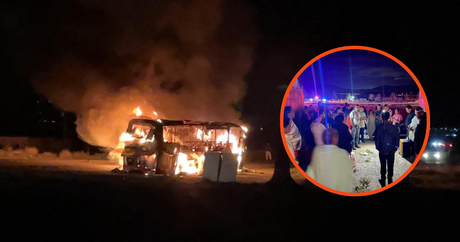 Autobús peregrino se incendia en límites de Coahuila y Nuevo León