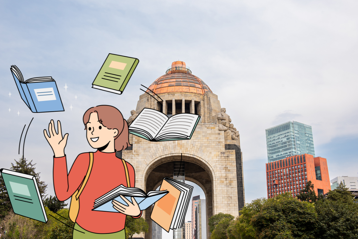 Monumento a la Revolución, animación de persona con libros. Foto: Especial