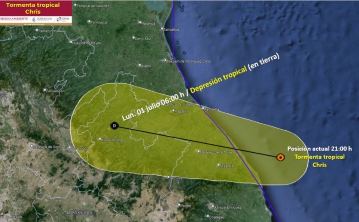 El centro de la tormenta tropical 'Chris' ya tocó tierra en Veracruz. Foto: Conagua.