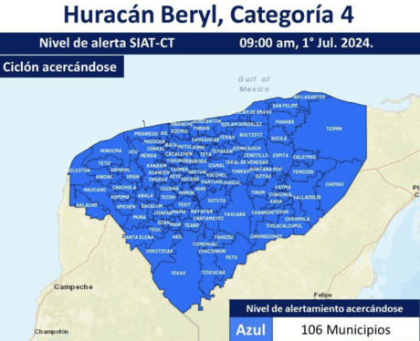Emiten la alerta azul para todo Yucatán por la presencia de 'Beryl'