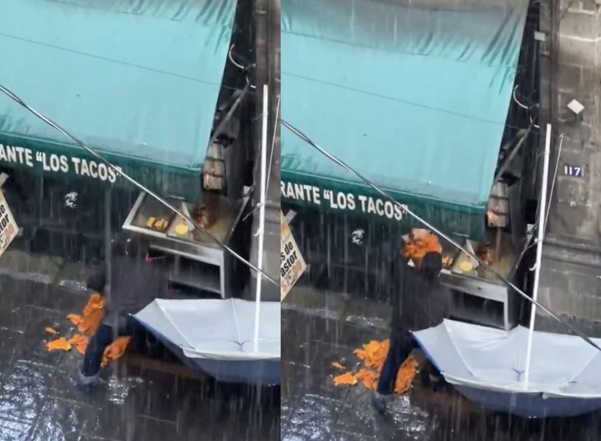 Taqueros son captados en video recogiendo un trompo al pastor que se les cayó al suelo durante la lluvia y lo vuelven a vender. Foto: X @esdeprofugos2
