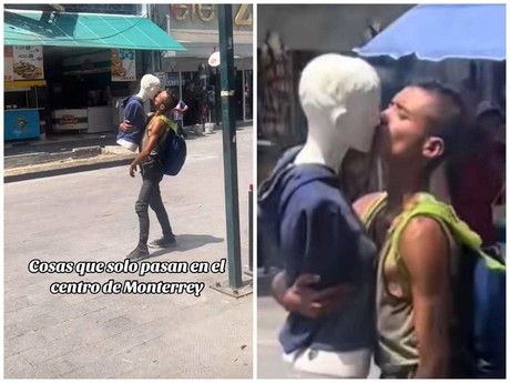 ¡Un nuevo personaje! Captan a sujeto besando a un maniquí en Monterrey (VIDEO)