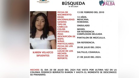 Activan Protocolo Alba en Saltillo para buscar a joven de 14 años desaparecida