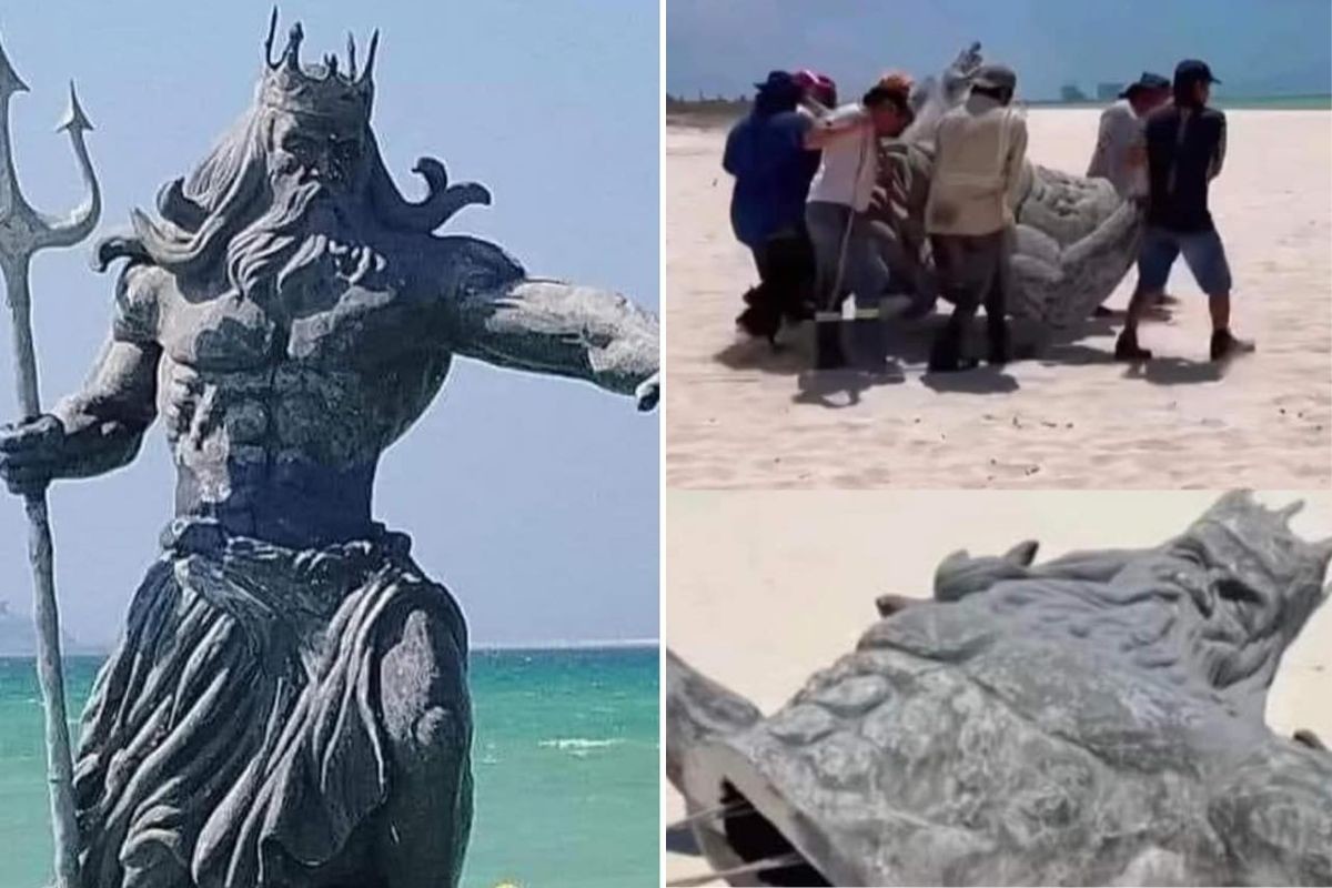Estatua de Poseidón instalada en playa de Progreso. Foto: Facebook Mundo Godínez