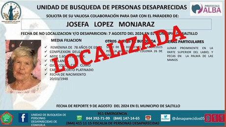 Localizan en Zacatecas a Josefa López, mujer desaparecida en Saltillo