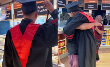 Joven con toga de graduación sorprende a su padre mientras trabajaba (VIDEO)