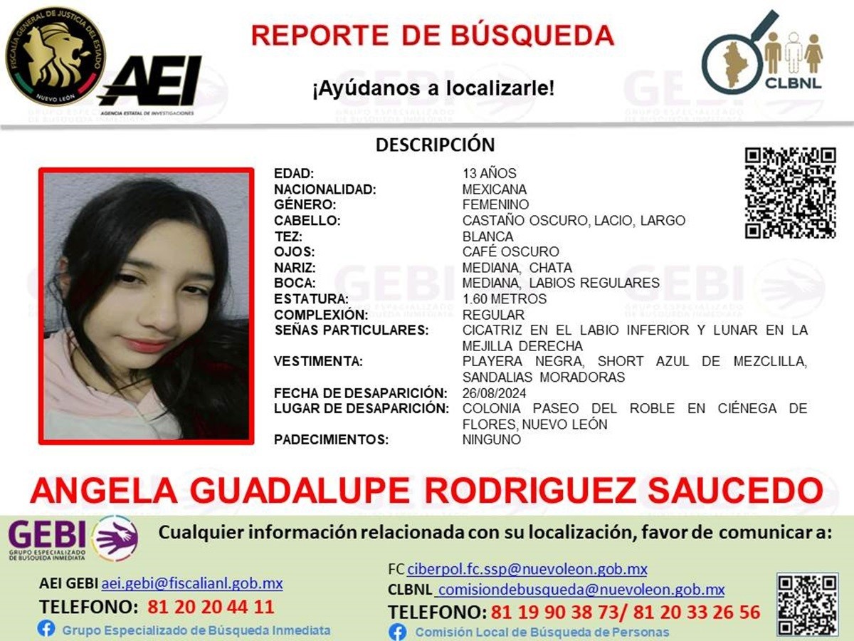 Ángela Guadalupe Rodríguez Saucedo, de 13 años, desapareció el pasado 26 de agosto de 2024 en el municipio de Ciénega de Flores. Foto: Facebook Grupo Especializado de Búsqueda Inmediata