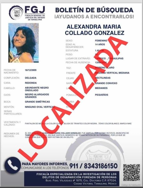 Ya fue localizada Alejandra María Collado González