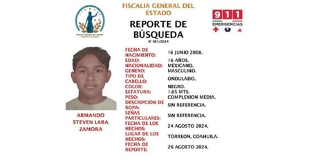 Solicitan apoyo para encontrar a joven de 16 años desaparecido en Torreón