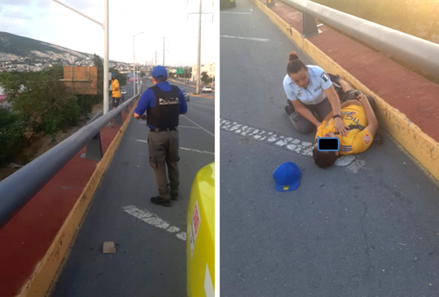 Policías salvan a la vida a joven con intenciones de lanzarse de un puente peatonal. Foto. Policía de Monterrey