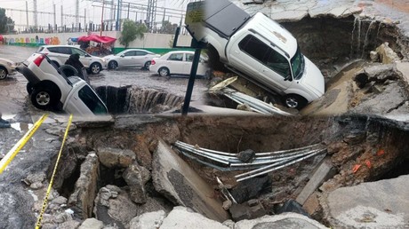 ¡Se la tragó la tierra! Cae camioneta en macro socavón en Ecatepec (VIDEO)