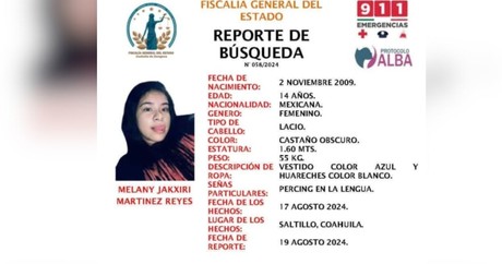 Emiten reporte de búsqueda de Melany, joven de 14 años desaparecida en Saltillo