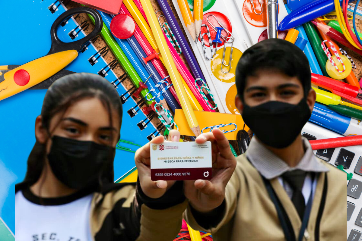 De fondo útiles escolares, niños con su tarjeta de Mi Beca para Empezar. Foto: @Claudiashein