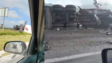 Vuelca tráiler en la Carretera Saltillo - Monterrey y paraliza el tráfico