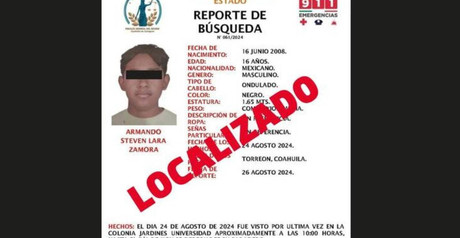 Localizan a Armando Steven, joven de 16 años desaparecido en Torreón