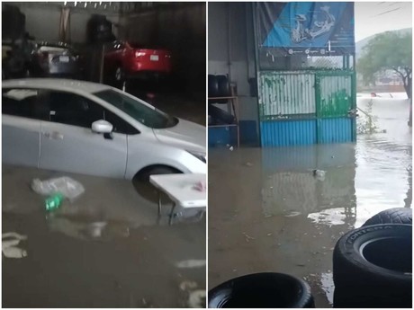 ¿Trae lancha? Lluvia inunda taller de autos en San Bernabé en Monterrey (VIDEO)