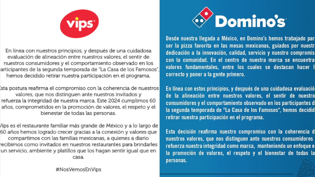 VIPS y Domino's Pizza dieron su postura del porqué se salían del patrocinio de 'La Casa de los Famosos' México. Foto. Canva/Redes Sociales