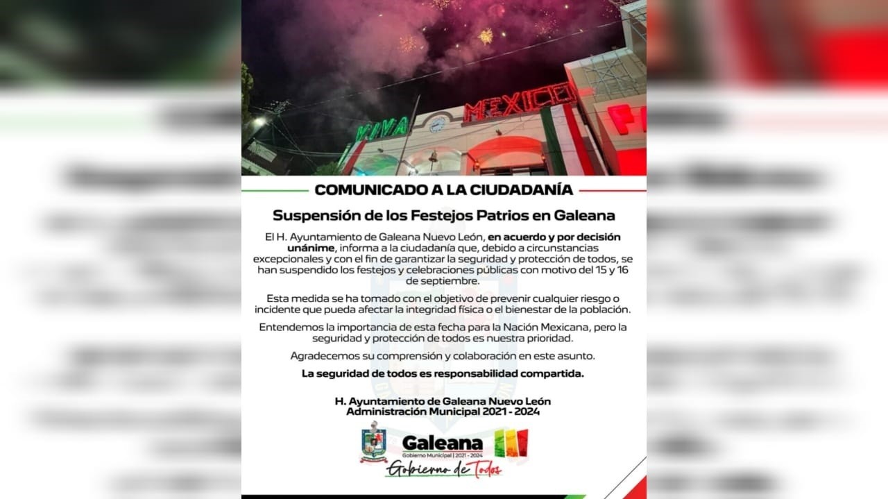 El Gobierno de Galeana suspendió los festejos patrios del 15 y 16 se septiembre por motivos de seguridad. Foto: Facebook Alejo Pedroza