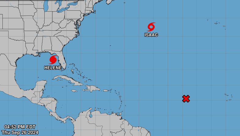 Isaac era una tormenta tropical en el océano Atlántico Norte la tarde del jueves. Foto. Centro Nacional de Huracanes