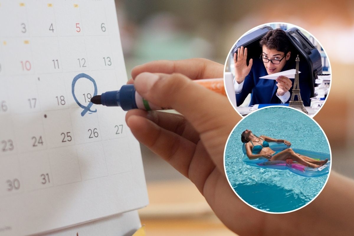 Calendario y personas vacacionando y pensando en vacaciones. Foto: Canva