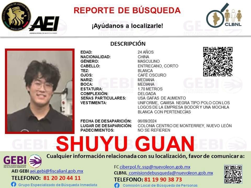 Hallan a Shuyu Guan, joven de 24 años originario de China. Foto. Fiscalía