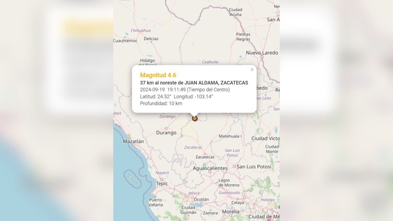 La tarde de este 19 de septiembre se registró un sismo en Zacatecas que se sintió en varios municipios de Durango. Foto: SSN.