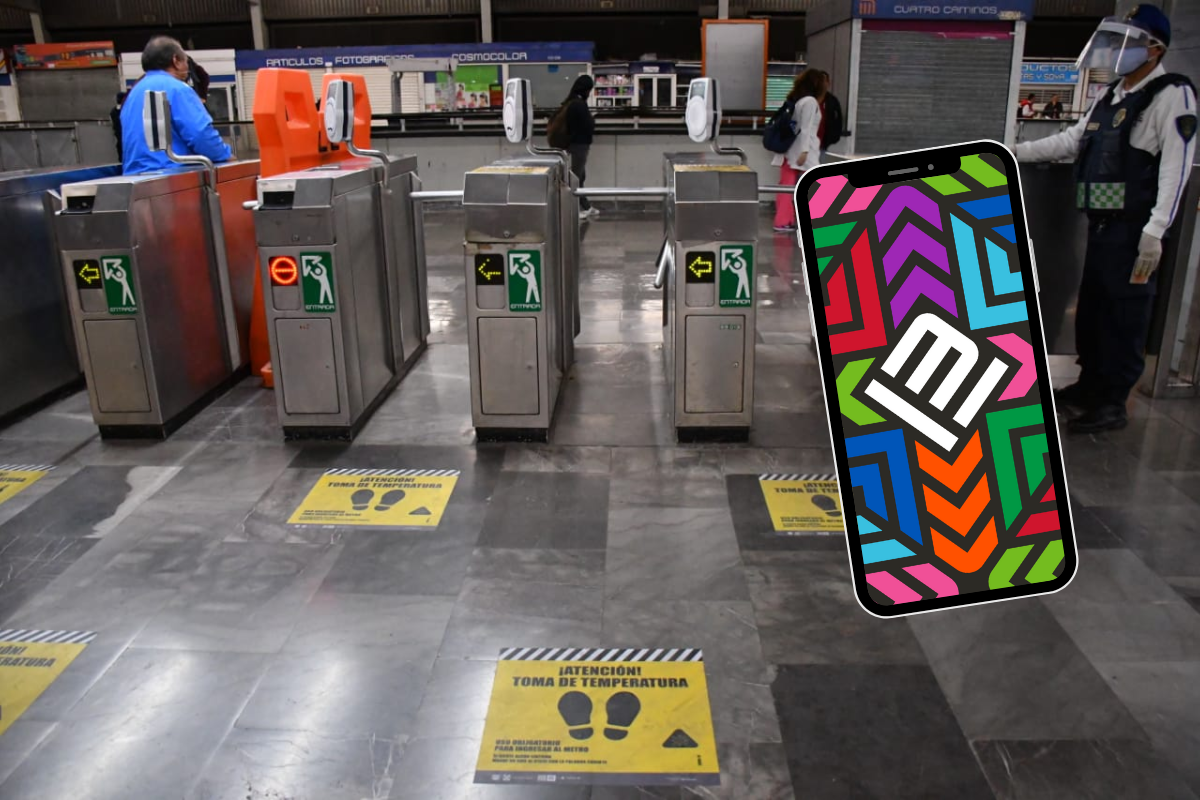 Torniquetes del Metro, celular con logo de Tarjeta MI. Foto: Gobierno CDMX