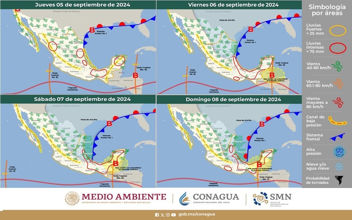 Este jueves 5 de septiembre se esperan lluvias fuertes en el Edomex. Imagen: Conagua.