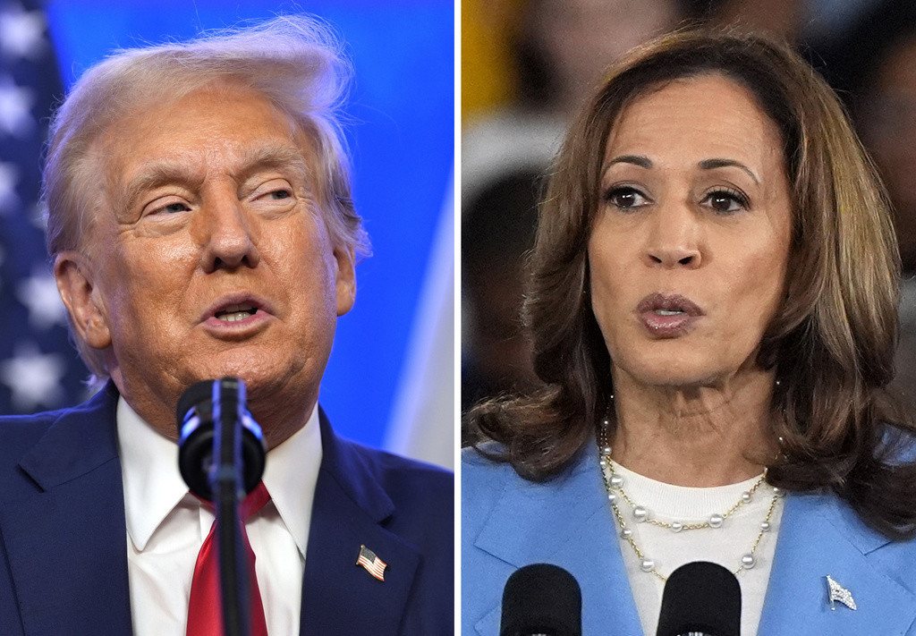 Expresidente y candidato presidencial republicano Donald Trump el 15 de agosto de 2024, en Bedminster, Nueva Jersey, y a la vicepresidenta y candidata presidencial demócrata Kamala Harris. Foto: AP.