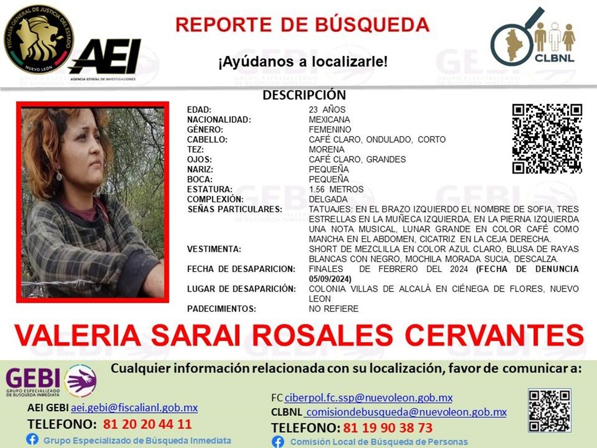 Valeria Saraí Rosales Cervantes, de 23 años de edad, desapareció a finales de febrero de 2024 en la colonia Villas de Alcalá, del municipio de Ciénega de Flores. Foto: Facebook Grupo Especializado de Búsqueda Inmediata