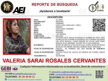 Desaparece Valeria Saraí Rosales, de 23 años, en Ciénega de Flores