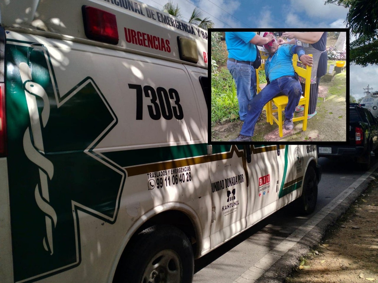 Un despachador de gas LP tuvo un mal día al resbalar con todo y el cilindro lo que le generó una herida en la cabeza.- Foto de redes sociales