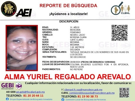 Intensifican la búsqueda de Alma Yuriel Regalado, desaparecida en Apodaca