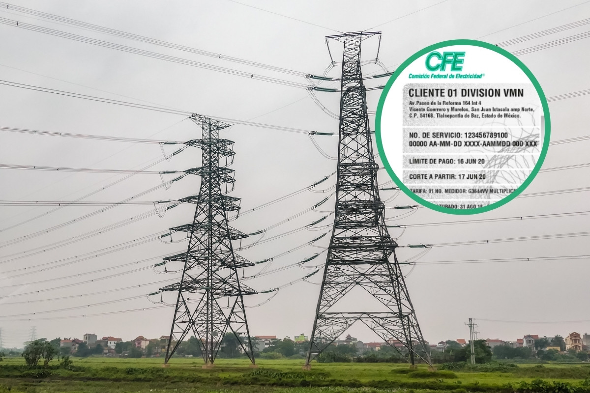 Torres de energía eléctrica y recibo de CFE. Foto: Canva