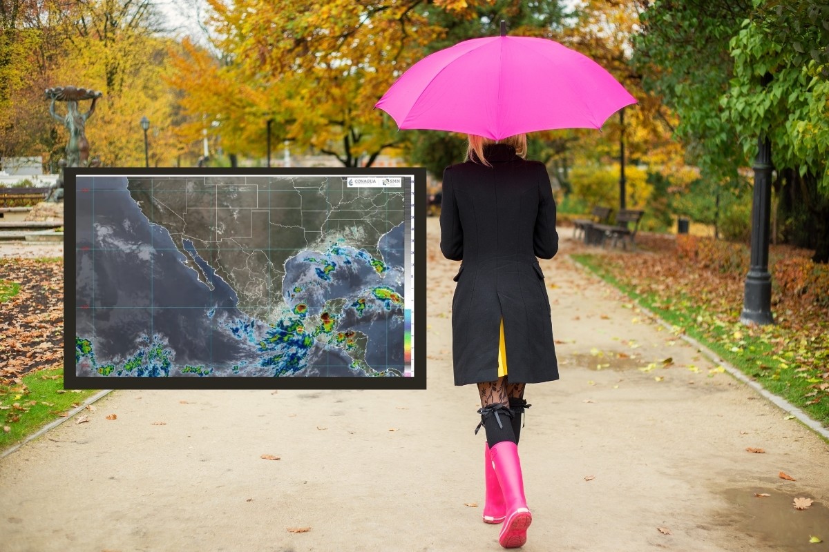 Imagen ilustrativa de una mujer en otoño y el mapa de la Conagua. Foto: Canva