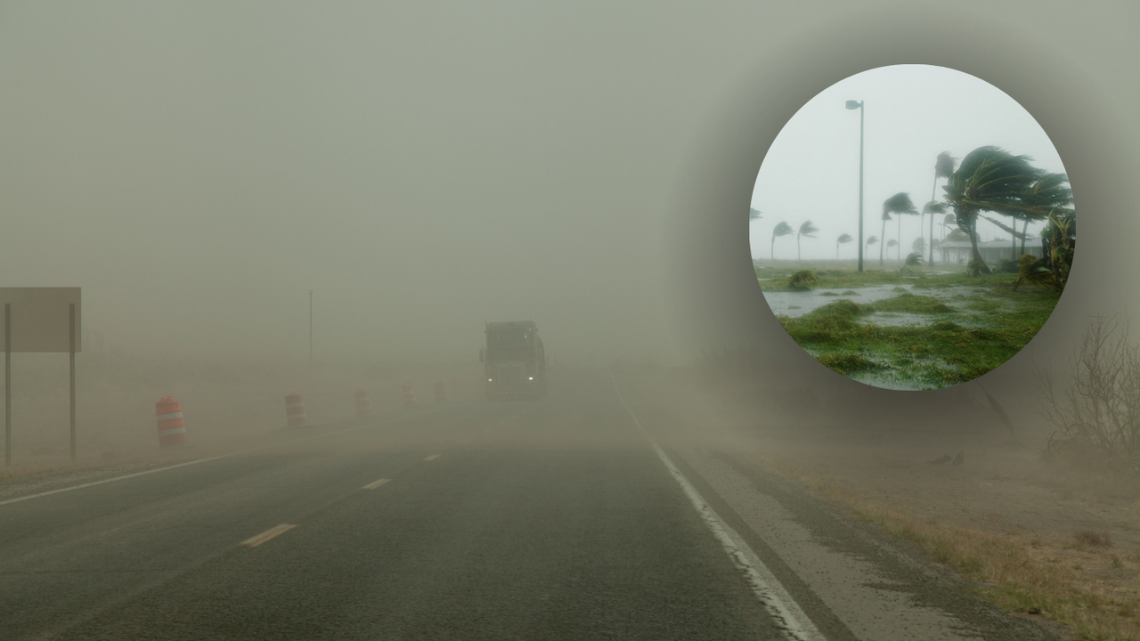 Tolvaneras en la carretera e imagen de huracán / Foto: Canva