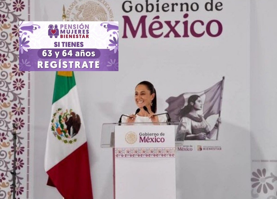 La Presidenta de México, Claudia Sheinbaum al anunciar la pensión Mujeres Bienestar. Foto: Canva - Gobierno de México - Bienestar.