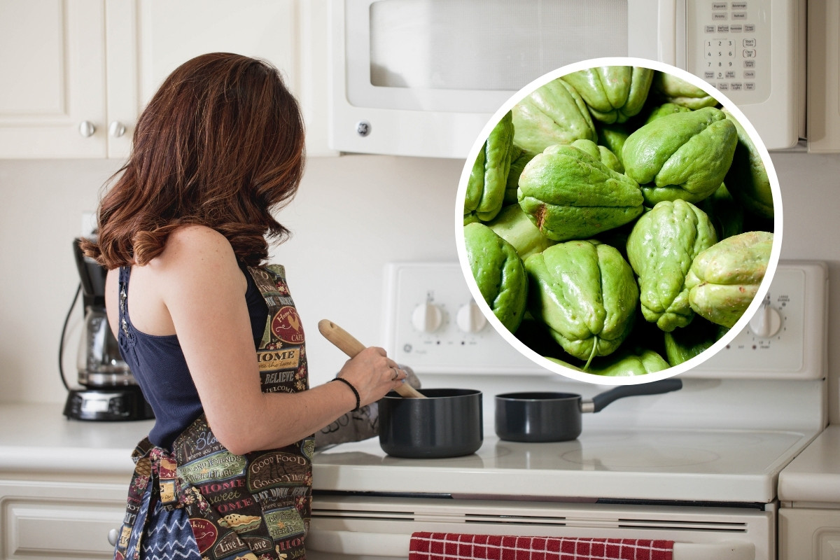 Mujer cocinando y chayotes. Foto: Canva