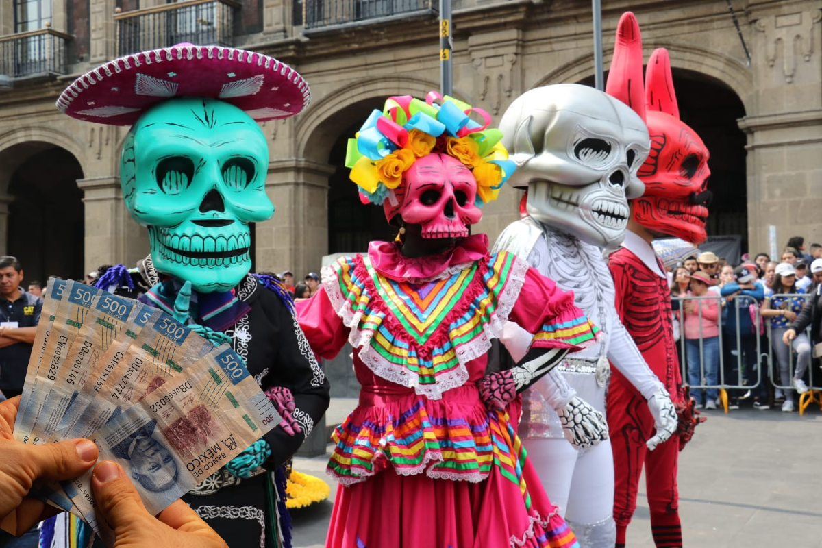 Desfile de Día de Muertos en la CDMX, mano con billetes. Foto: Jefatura de Gobierno de la CDMX/Canva