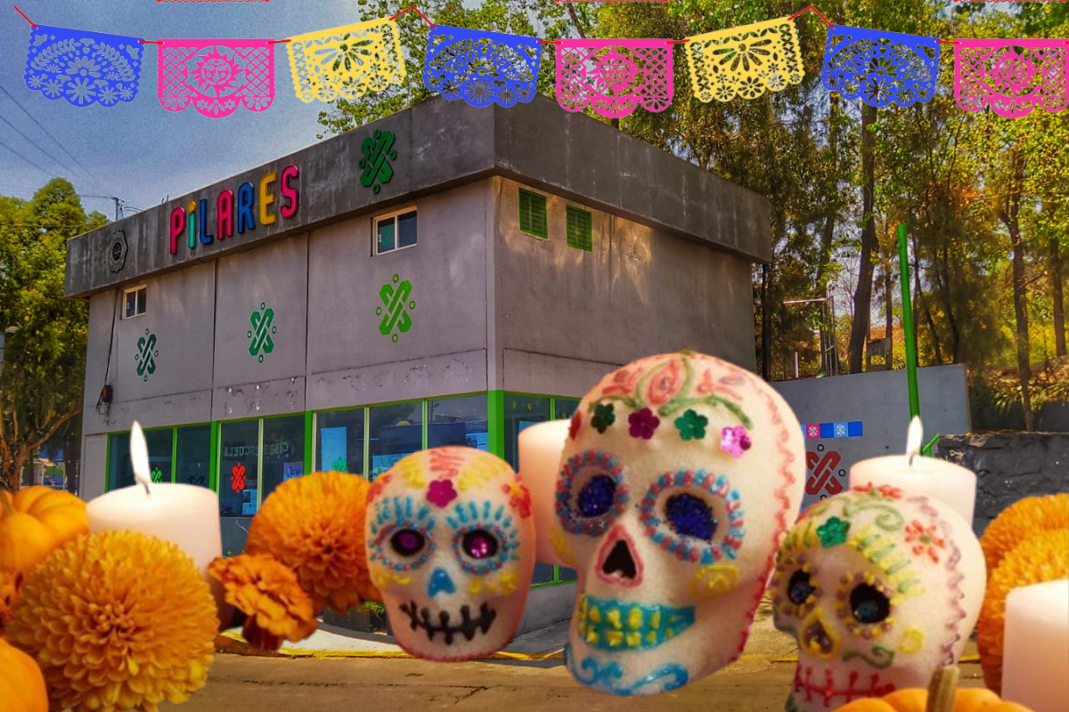 Fachada de PILARES con calaveritas de azúcar y papel picado.  Foto: Especial