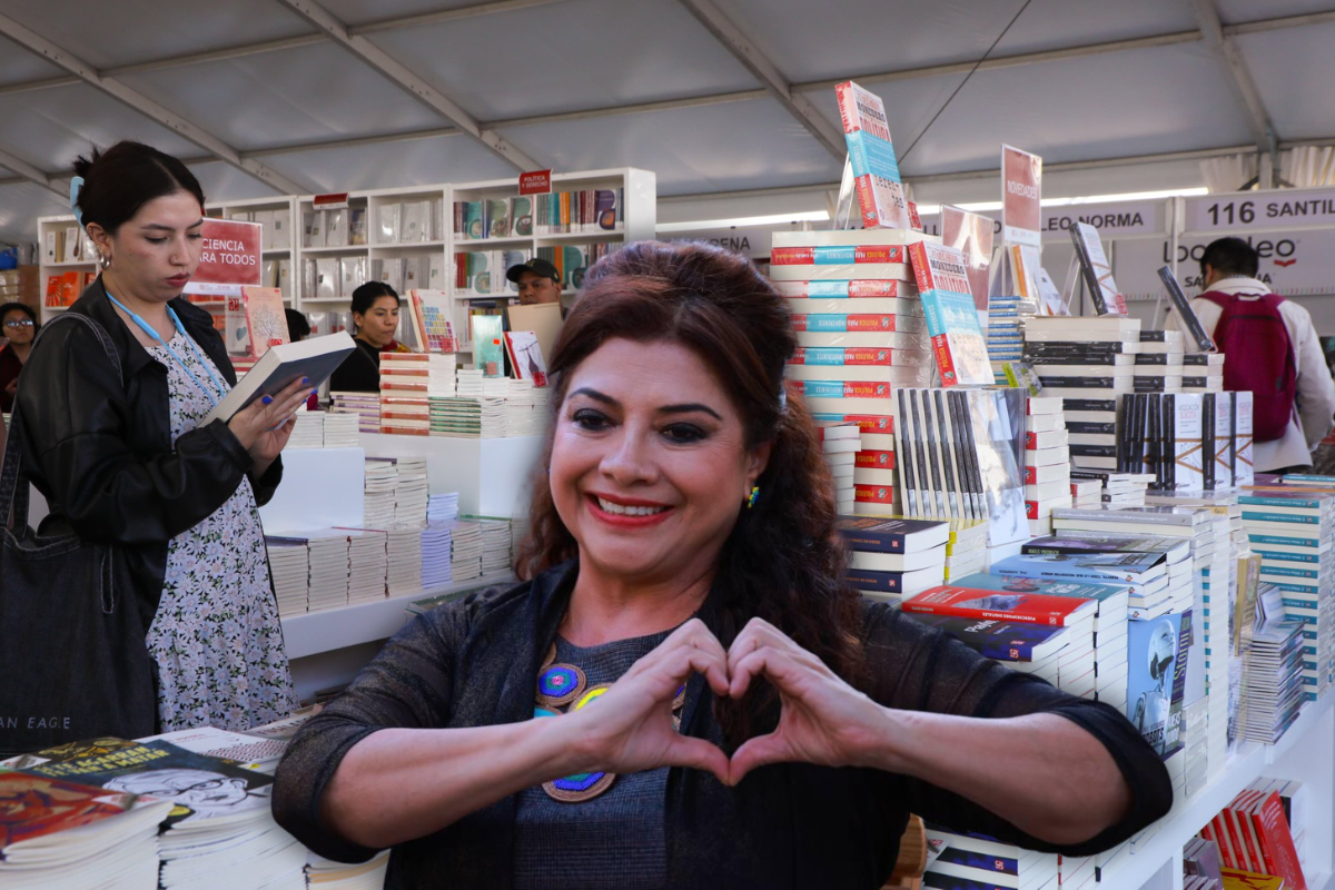 De fondo la FIL del Zócalo, Clara Brugada. Foto: @ClaraBrugadaM/@GobCDMX