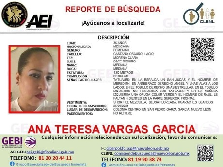 Desaparece Ana Teresa Vargas García en San Pedro Garza García