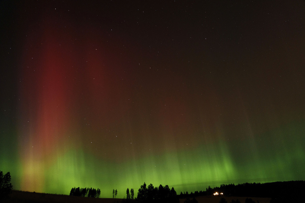 Una aurora boreal es vista en el cielo nocturno el jueves 10 de octubre de 2024, en Moscow, Idaho. (AP Foto/Ted S. Warren)