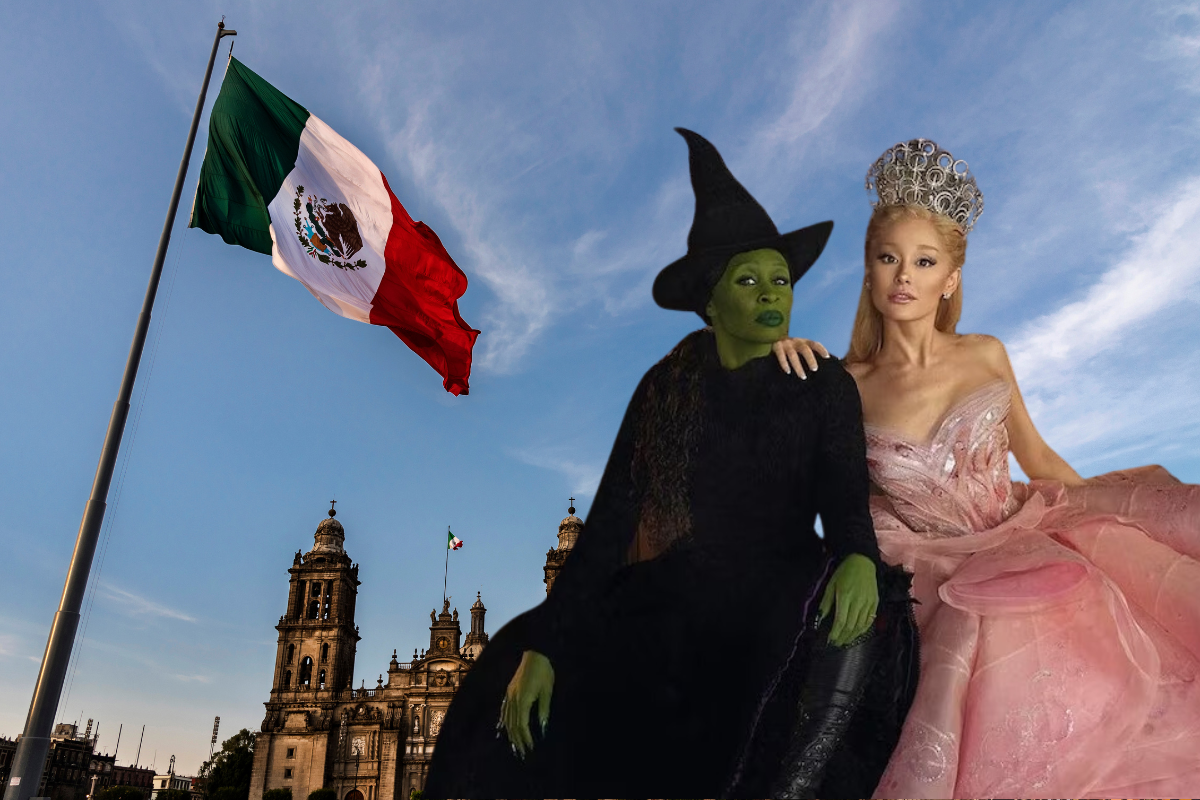 De fondo el Zócalo capitalino, Elphaba y Glinda. Foto: Instagram @arianagrande