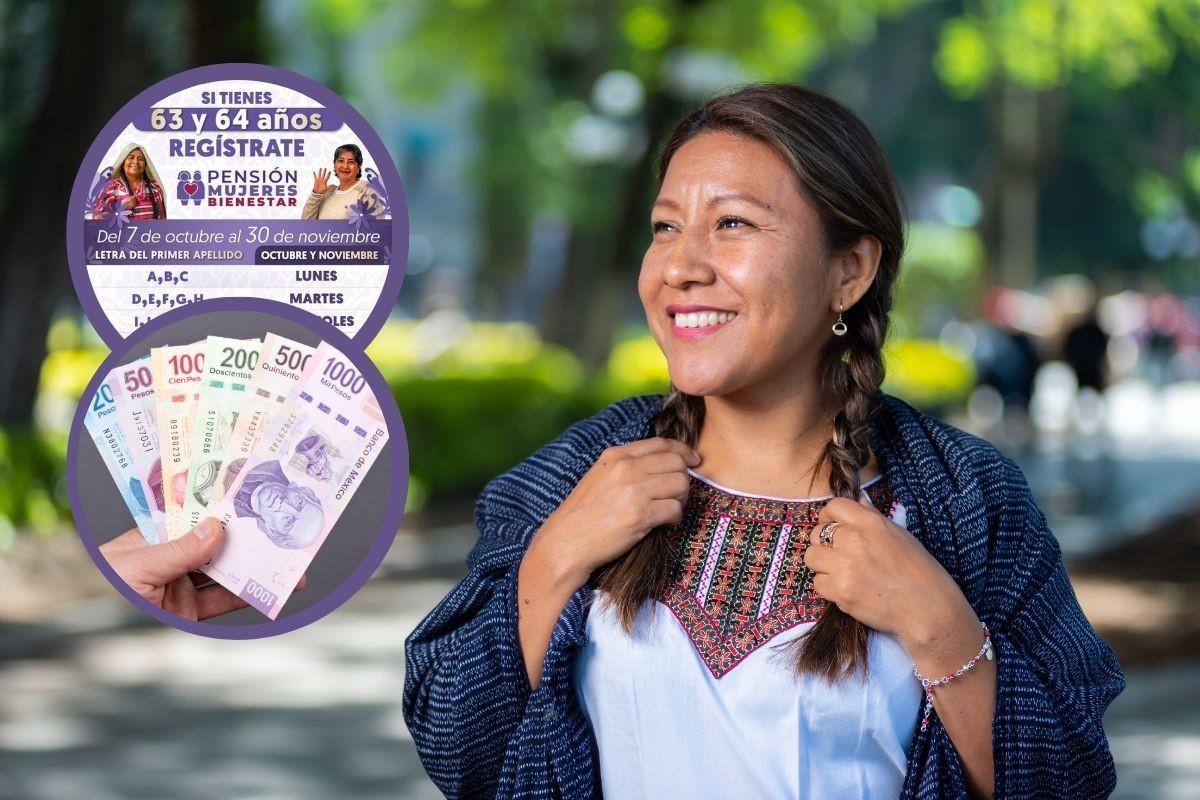 Mujer mexicana, dinero en efectivo y publicidad de Bienestar. Foto: Canva