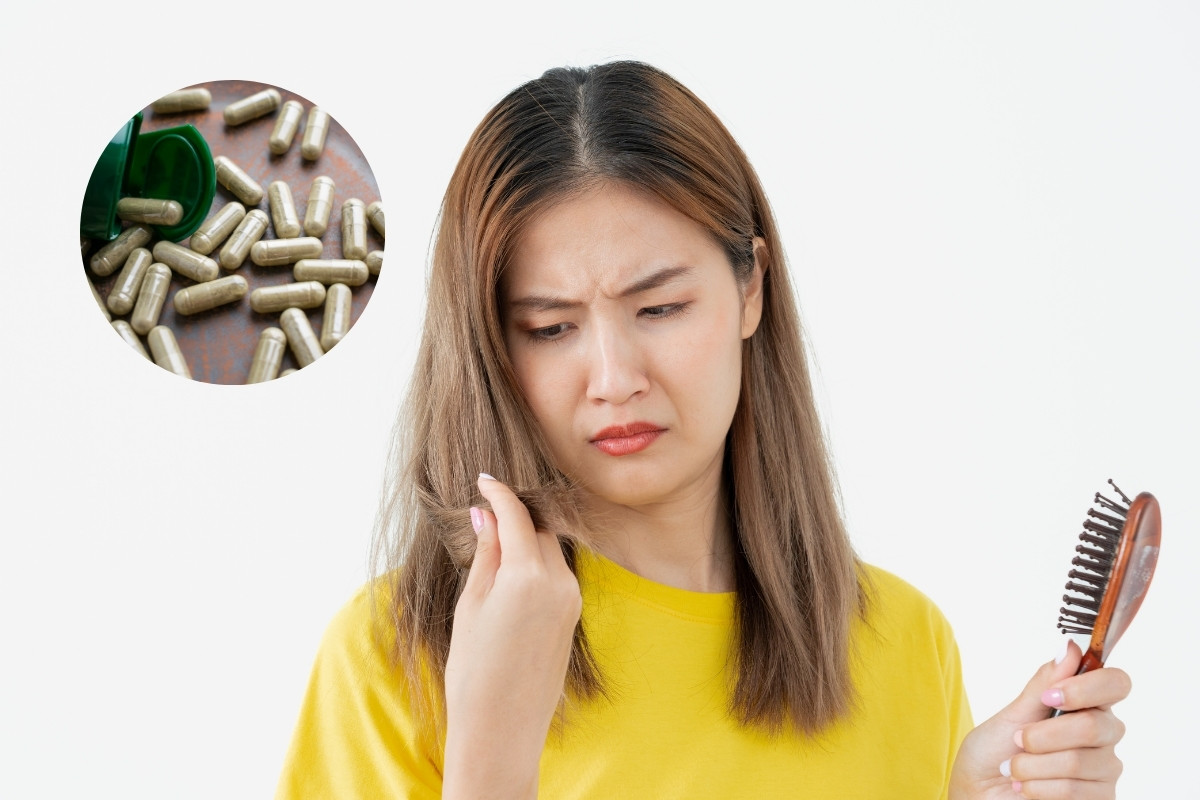 Mujer tocando su cabello, pastillas. Foto: Canva