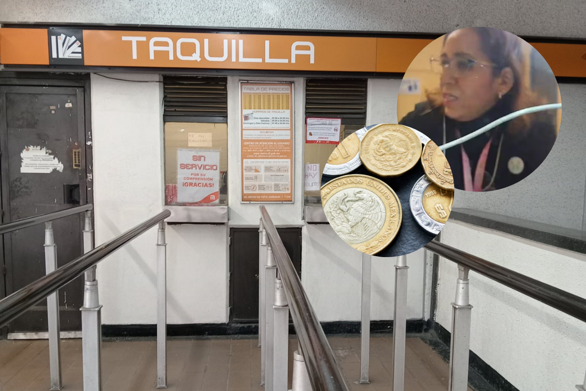 De fondo taquilla del Metro, taquillera y monedas mexicanas. Foto: @angii_hl/captura de pantalla