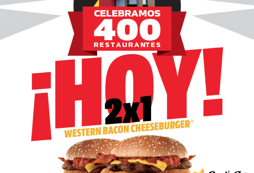 La promoción se aplica al comprar una Western Bacon Cheeseburger, recibiendo una segunda hamburguesa sin costo adicional. Foto: Carl's Jr.