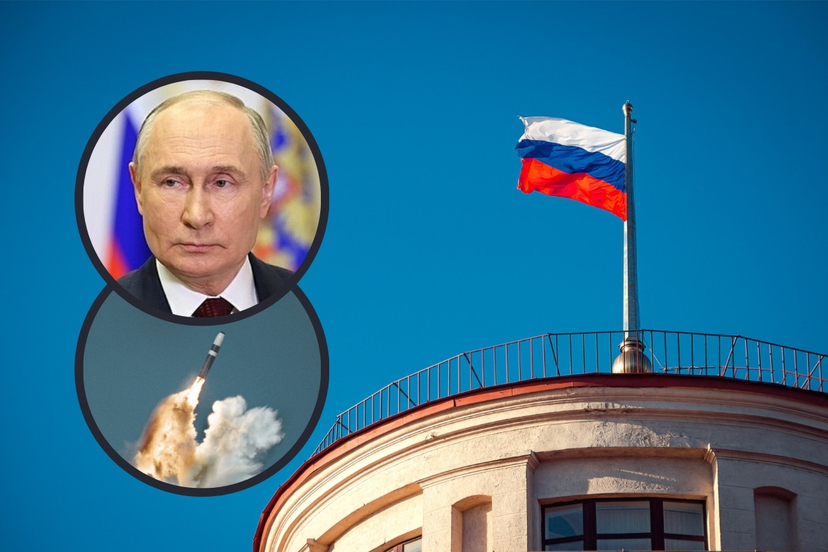 Presidente de Rusia, Vladimir Putin, bandera de Rusia y una bomba. Foto: Composición Canva